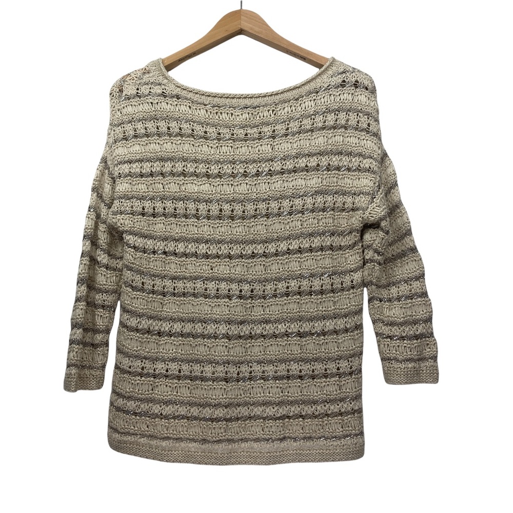 Lucky Brand Womens Sweater Tan Metallic Open Heavy Knit Top Tan 3/4 Sleeve S/S - Picture 2 of 11